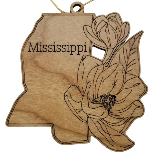 Mississippi Wood Ornament - State Shape with State Flowers Magnolias MS - Handmade Wood Ornament Made in USA Christmas Decor