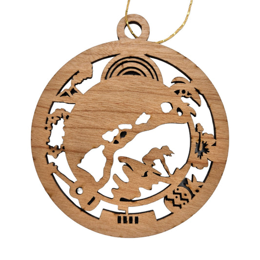 Hawaii Wood Ornament - HI Souvenir - Handmade Wood Ornament Made in USA State Shape Rainbow Coconut Tree Hibiscus Pineapple Pearl Harbor