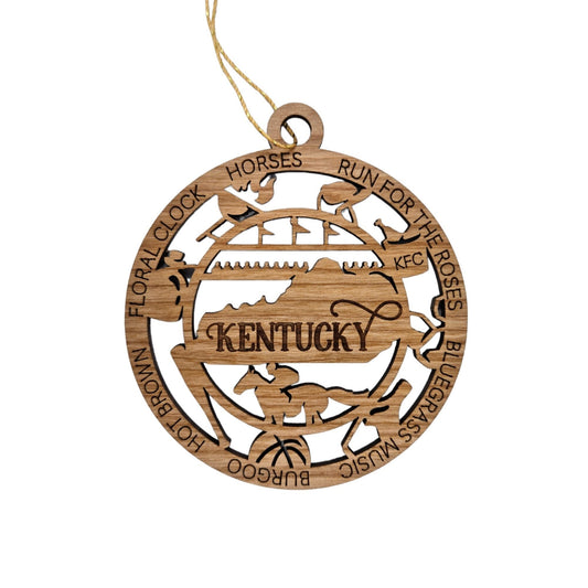 Kentucky Wood Ornament - KY Souvenir - Handmade Wood Ornament Made in USA - State Shape - Grill - Moonshine Jug - Louisville Slugger