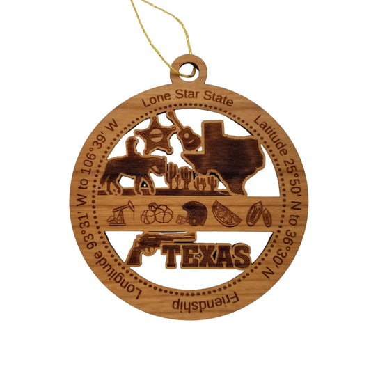 Texas Wood Ornament - TX Souvenir - Handmade Wood Ornament Made in USA State Shape Cowboy Horse Guitar Cactus Football Helmet Oil Drill