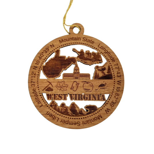 West Virginia Wood Ornament - WV Souvenir - Handmade Wood Ornament Made in USA State Shape Skiing Capitol Building Rowing Boating