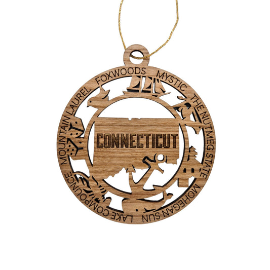 Connecticut Wood Ornament - CT Souvenir - Handmade Wood Ornament Made in USA State Shape The Nutmeg State Dice Lobster Whale Anchor
