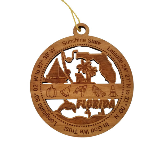 Florida Wood Ornament - FL Souvenir - Handmade Wood Ornament Made in USA State Shape Sailboat Fishing Pole Palm Trees Orange Space Shuttle