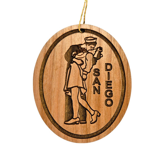 San Diego Nurse and Sailor Kissing Coastal Christmas Ornament Handmade in USA Wood Souvenir - 15751