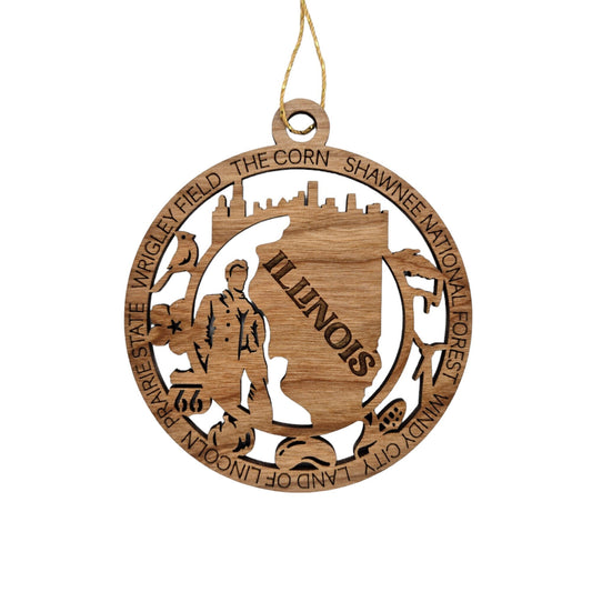 Illinois Wood Ornament - IL Souvenir - Handmade Wood Ornament Made in USA State Shape Skyline Cardinal Blue Violet Route 66 Pumpkin