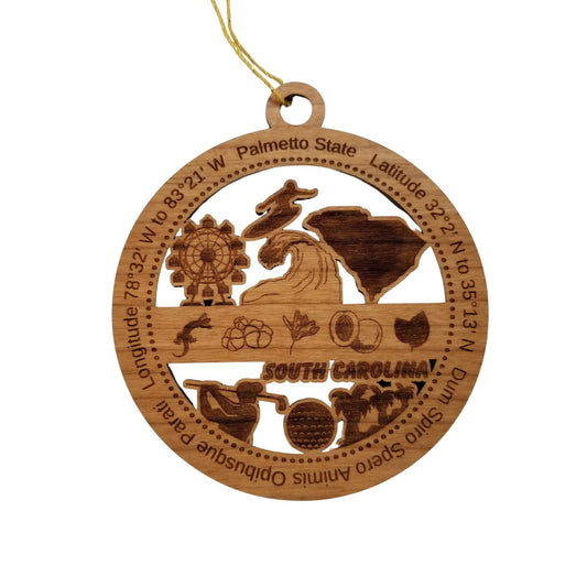 South Carolina Wood Ornament - SC Souvenir - Handmade Wood Ornament Made in USA State Shape Ferris Wheel Surfing Waves Golf Palm Trees
