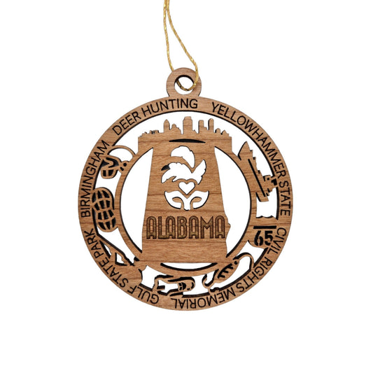 Alabama Wood Ornament - AL Souvenir - Handmade Wood Ornament Made in USA State Shape Football Peanuts Hunting Birmingham Gulf State Park