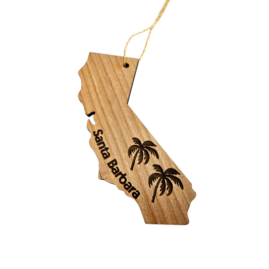 Santa Barbara California Ornament - Handmade in the USA - CA State Shape with Palm Trees - 15780