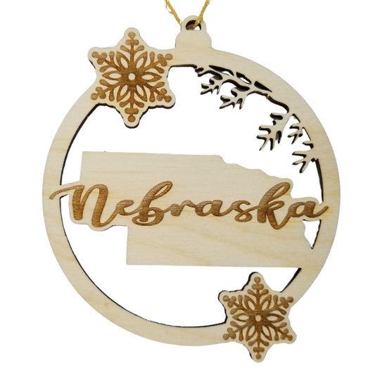 Nebraska Wood Ornament - State Shape with Snowflakes Cutout NE- Handmade Wood Ornament Made in USA Christmas Decor