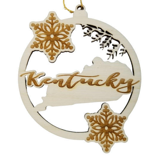 Kentucky Wood Ornament - KY State Shape with Snowflakes Cutout - Handmade Wood Ornament Made in USA Christmas Decor