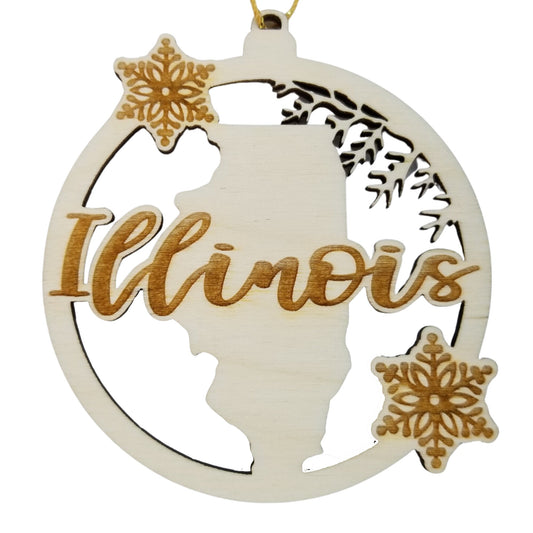 Illinois Wood Ornament - IL State Shape with Snowflakes Cutout - Handmade Wood Ornament Made in USA Christmas Decor