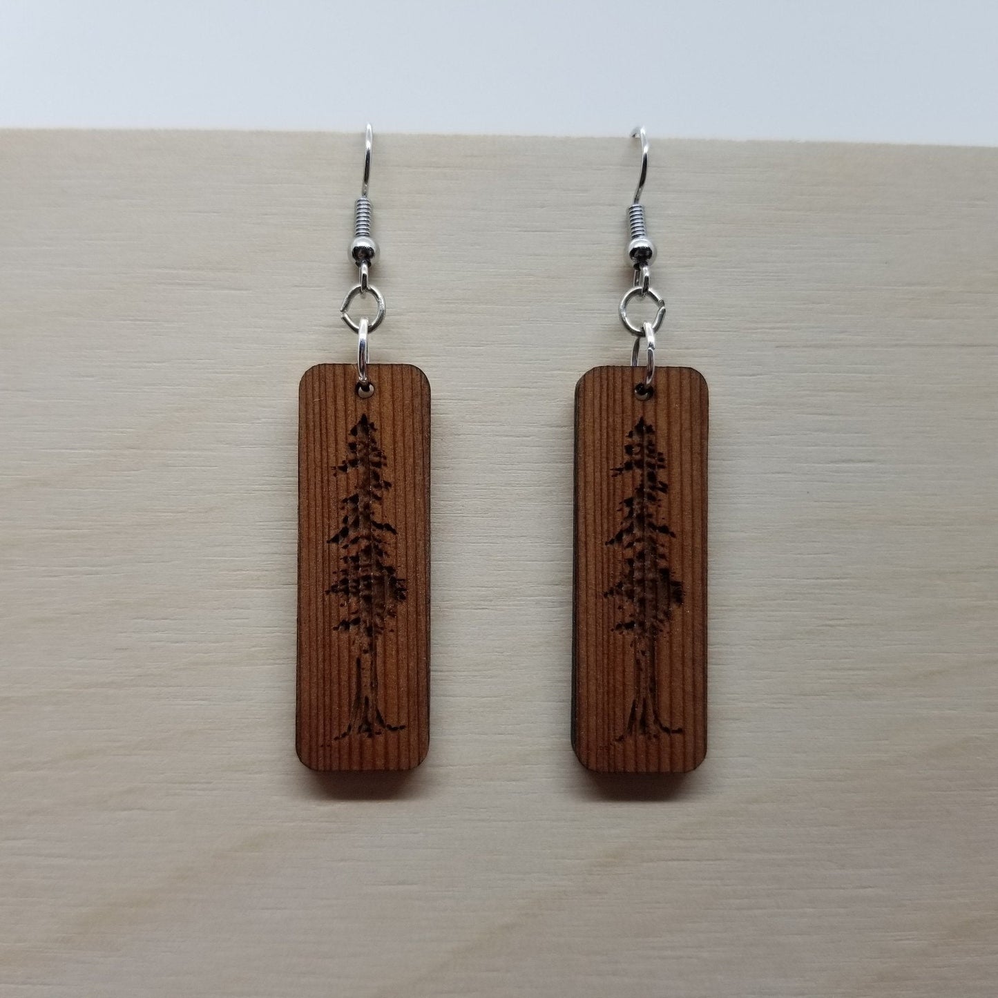 Wood Earrings - Engraved Tree Rectangle Wood Earrings - Dangle Earrings - CA Souvenir - D22