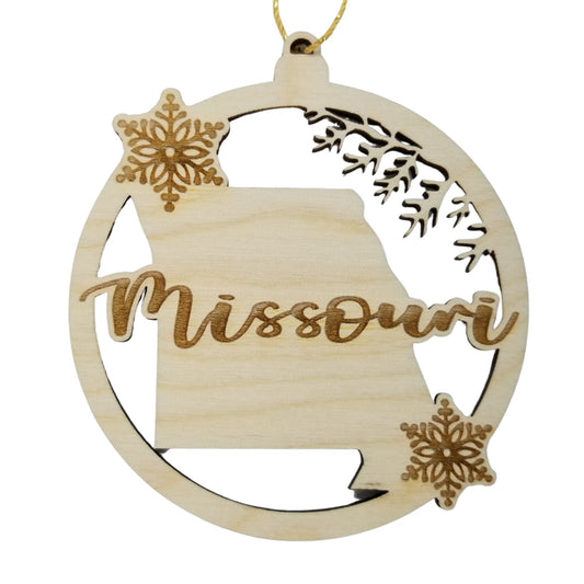 Missouri Wood Ornament - MO State Shape with Snowflakes Cutout - Handmade Souvenir - 15402