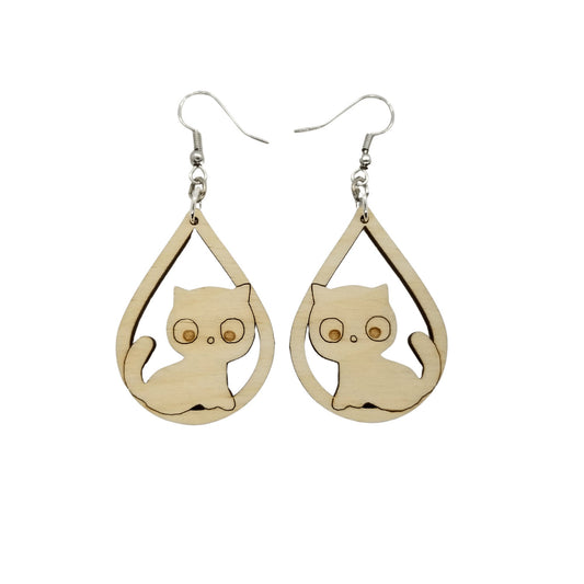 Wood Earrings - Cat Kitty Kitten Engraved Teardrop Wood Earrings - Dangle Earrings - Gift