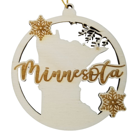 Minnesota Wood Ornament - MN State Shape with Snowflakes Cutout - Handmade in USA - 15398