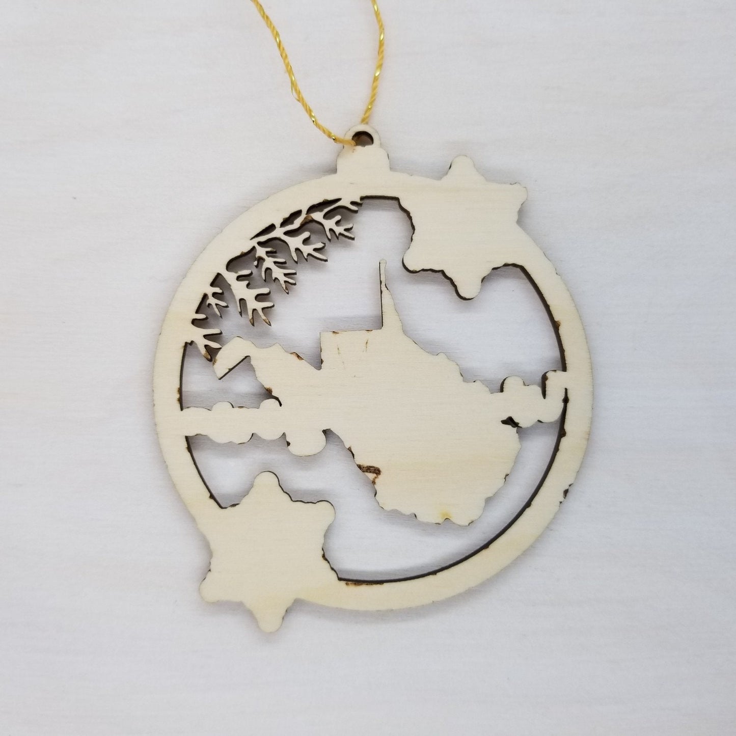 West Virginia Wood Ornament - WV State Shape with Snowflakes Cutout - Handmade Souvenir - 15381