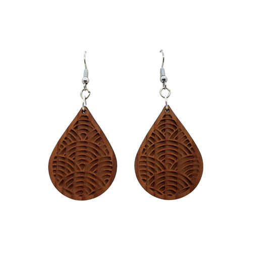 Wood Earrings - Engraved Teardrop Dangle Earrings - D16