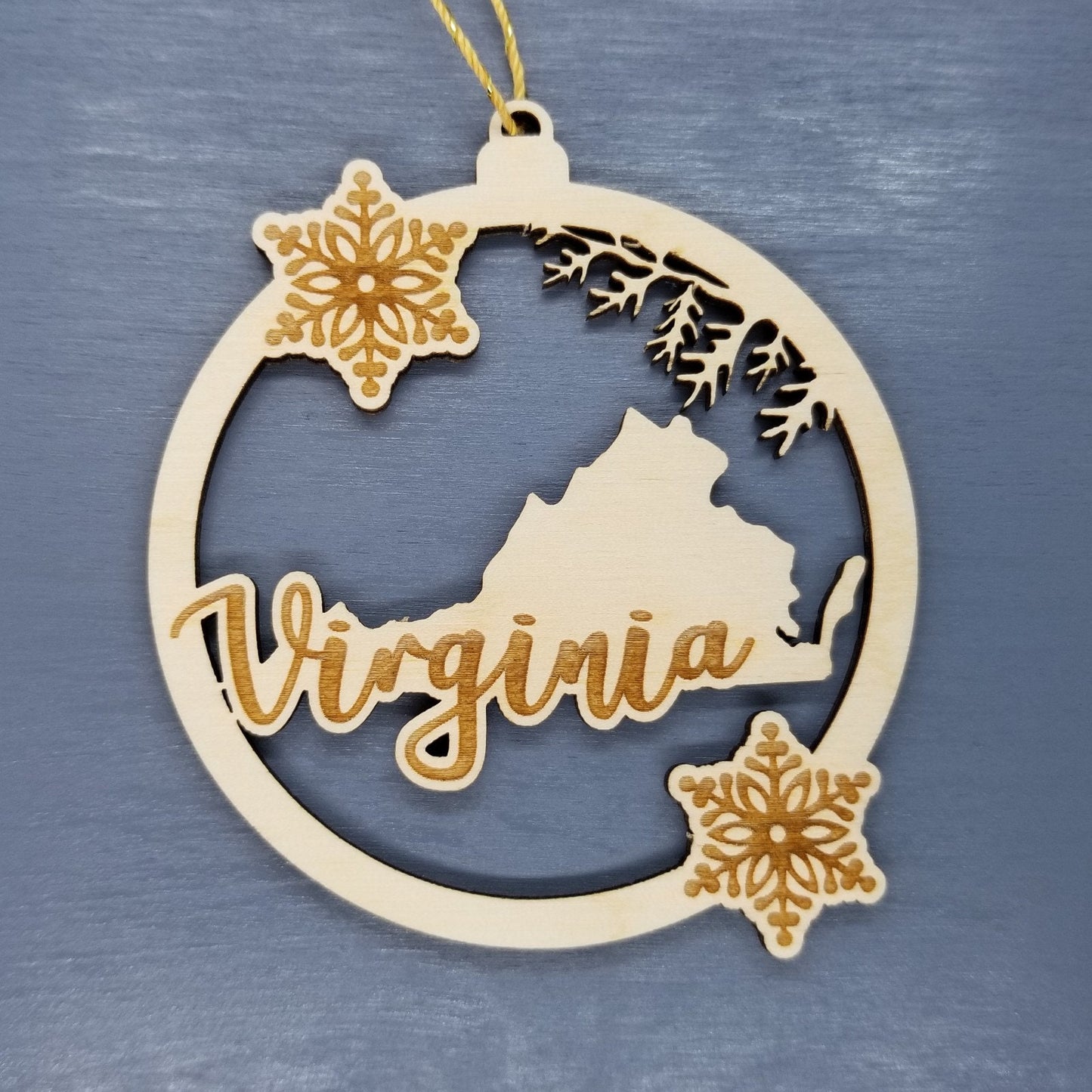 Virginia Wood Ornament - VA State Shape with Snowflakes Cutout - 15388