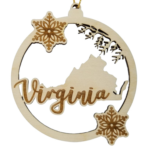 Virginia Wood Ornament - VA State Shape with Snowflakes Cutout - 15388