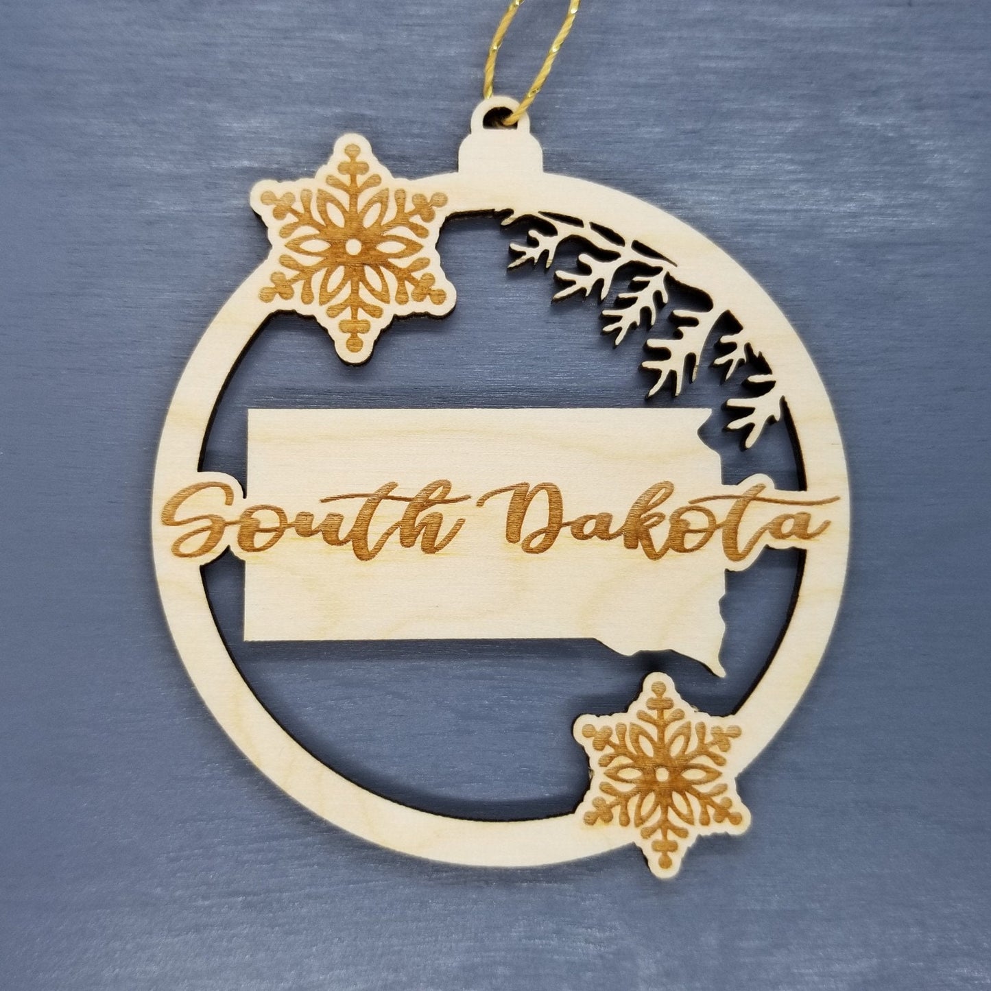 South Dakota Wood Ornament - SD State Shape with Snowflakes Cutout - Handmade Wood Ornament Made in USA Christmas Decor