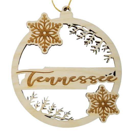 Tennessee Wood Ornament - TN State Shape with Snowflakes Cutout - Handmade Wood Ornament Made in USA Christmas Decor