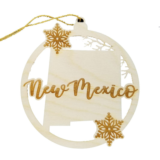 New Mexico Wood Ornament - State Shape with Snowflakes Cutout NM - Handmade Wood Ornament Made in USA Christmas Decor