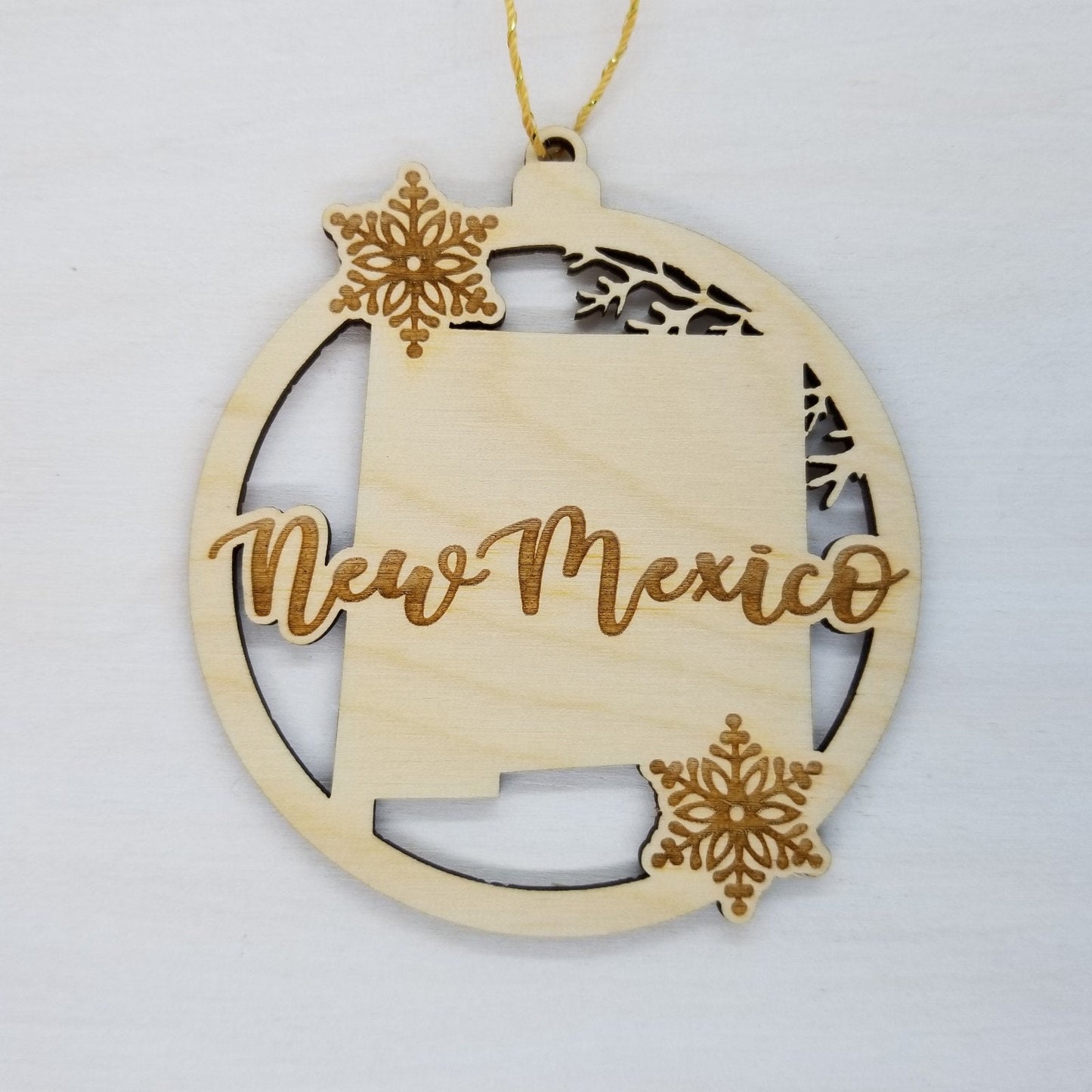 New Mexico Wood Ornament - State Shape with Snowflakes Cutout NM - Handmade Wood Ornament Made in USA Christmas Decor