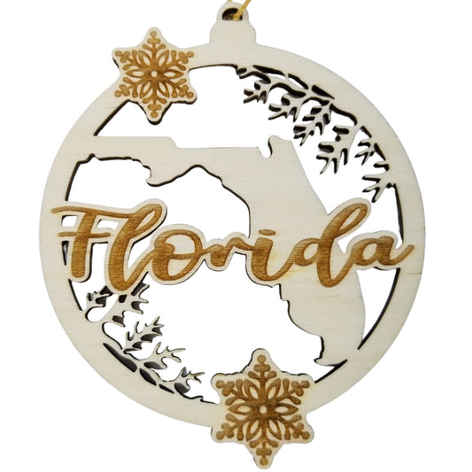 Florida Wood Ornament - FL State Shape with Snowflakes Cutout - Handmade Wood Ornament Made in USA Christmas Decor