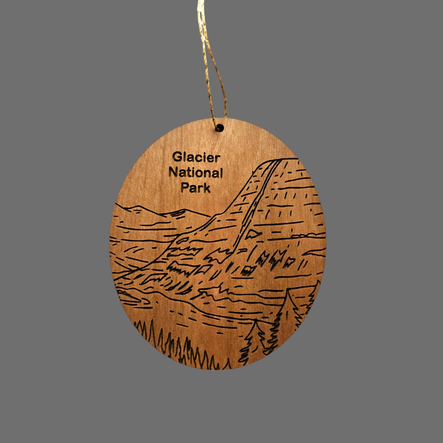 Glacier National Park Ornament - Kintla Lake Mountains Trees - Handmade Wood Line Drawing - Montana Souvenir Christmas Travel Gift