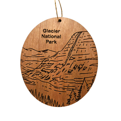 Glacier National Park Ornament - Kintla Lake Mountains Trees - Handmade Wood Line Drawing - Montana Souvenir Christmas Travel Gift