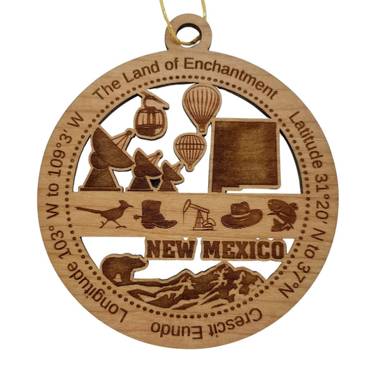 New Mexico Wood Ornament -  NM Souvenir - Handmade in USA State Shape Hot Air Balloons Sky Tram Satellites Roadrunner - 15595
