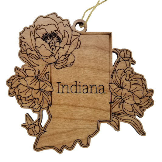 Indiana Wood Ornament -  IN State Shape with State Flowers Cutout - Handmade Wood Ornament Made in USA Christmas Decor
