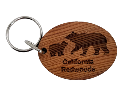California Redwoods Keychain CA Bear and Cub Wood Keyring Souvenir Travel Key Tag - 4082