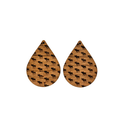 Wood Earrings - Moose Pattern Engraved Teardrop Dangle Earrings - Walking Moose - D36