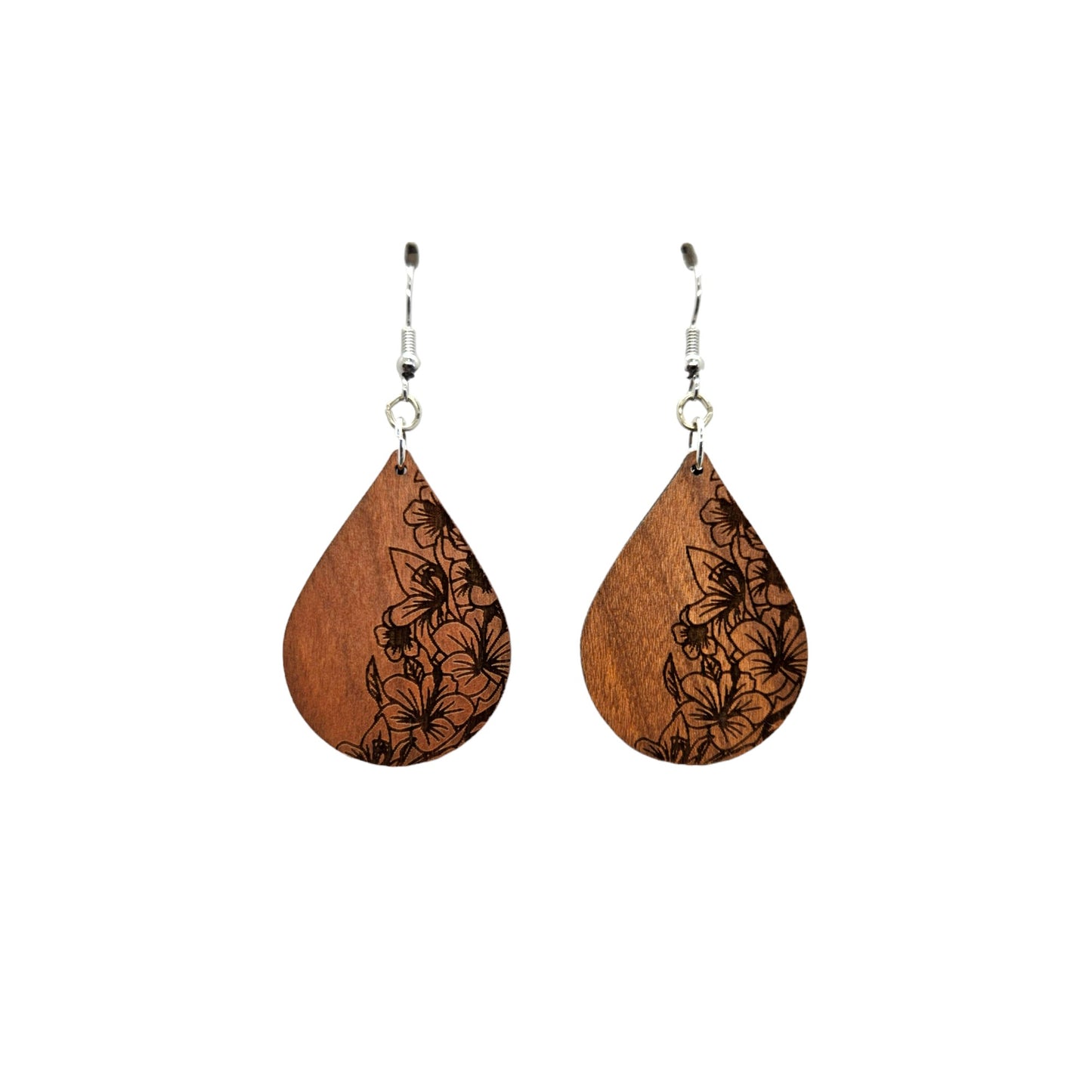 Wood Earrings - Floral Engraved Teardrop Wood Earrings - Dangle Earrings - Gift - Drop Earrings Lightweight D56