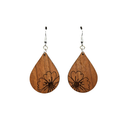 Wood Earrings - Flower Floral Engraved Teardrop Wood Earrings - Dangle Earrings - Gift - Drop Earrings Lightweight