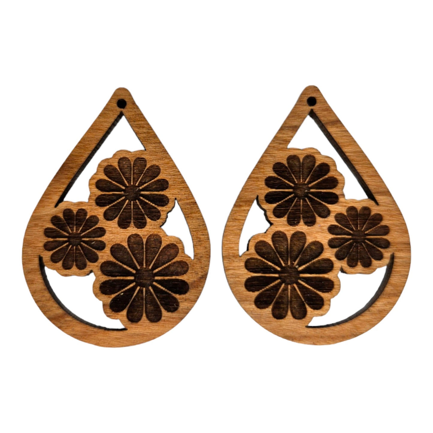 Wood Dangle Earrings - Cutout Teardrop Floral Engraved Trio - D72
