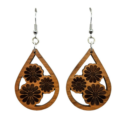Wood Dangle Earrings - Cutout Teardrop Floral Engraved Trio - D72