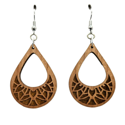 Wood Earrings - Cutout Teardrop Floral Engraved Lightweight Earrings - Dangle Earrings Drop Earrings - D71