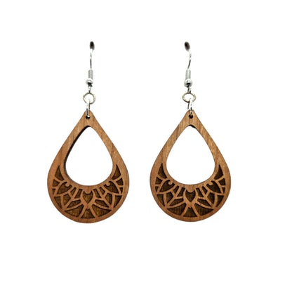 Wood Earrings - Cutout Teardrop Floral Engraved Lightweight Earrings - Dangle Earrings Drop Earrings - D71