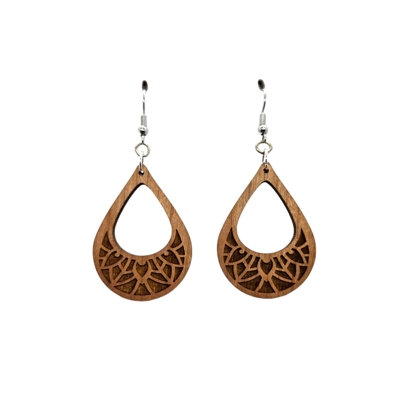 Wood Earrings - Cutout Teardrop Floral Engraved Lightweight Earrings - Dangle Earrings Drop Earrings - D71