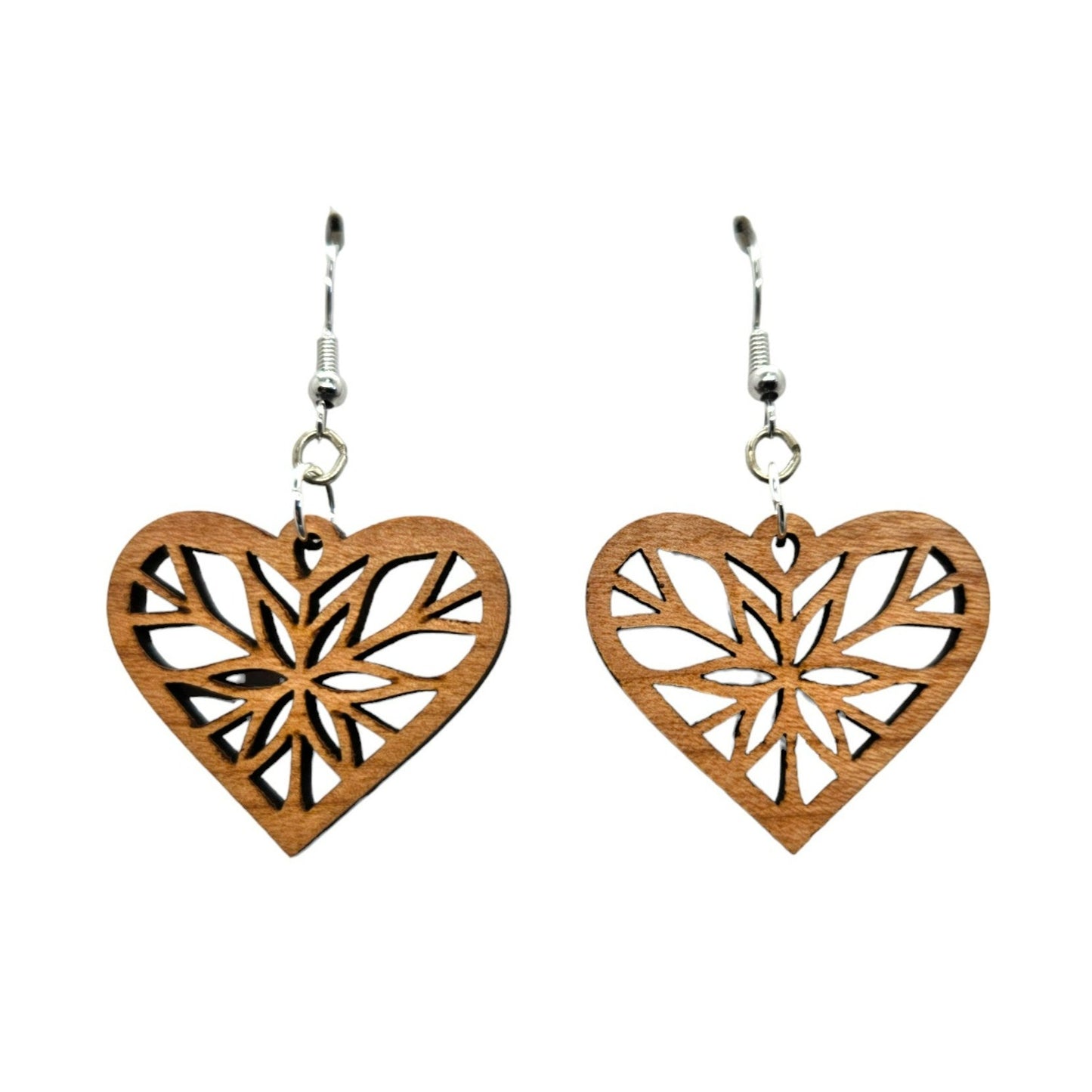 Wood Earrings - Heart Shape Cutout with Star Lightweight Earrings Heart Shaped - Dangle Earrings- D75