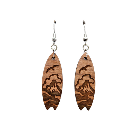 Surfboard Earrings - Wood Earrings - Beach Ocean Waves Dangle Earrings - Souvenir Keepsake