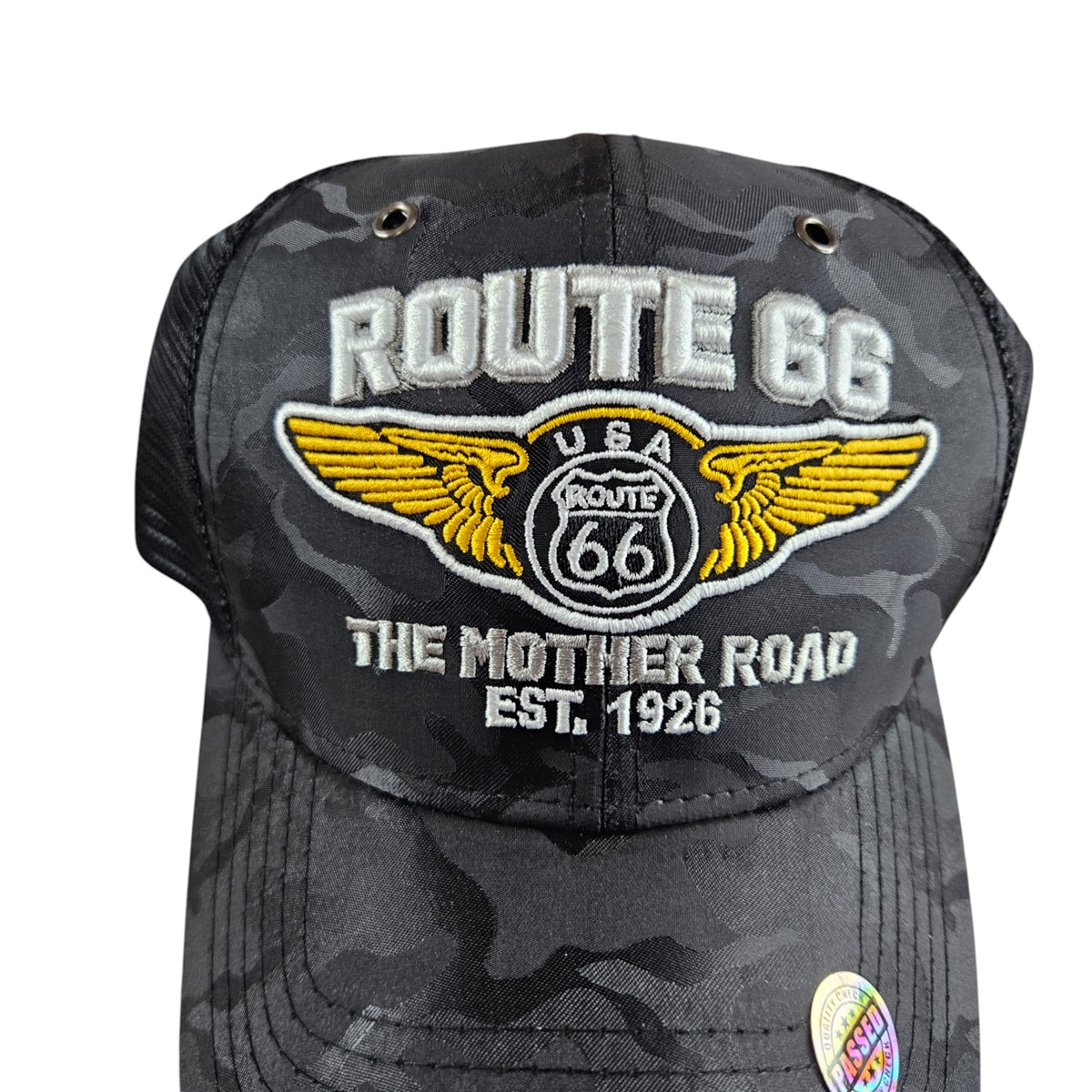 ROUTE 66 Mother Road Black Camo Trucker Mesh Cap or Hat - H1020