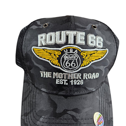 ROUTE 66 Mother Road Black Camo Trucker Mesh Cap or Hat - H1020