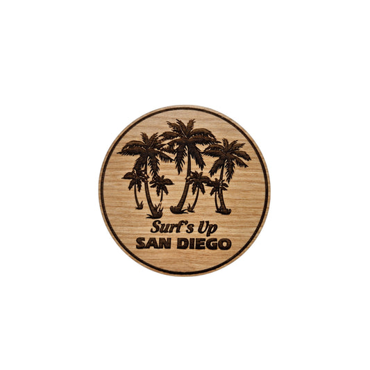 San Diego CA Surfs Up Palm Trees Wood Magnet Souvenir - M15742
