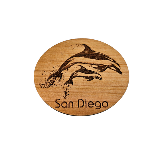 San Diego CA 2 Dolphins Jumping Wood Magnet Souvenir Oval - M15510