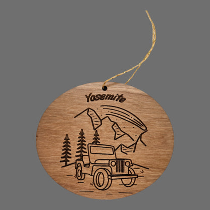 Yosemite National Park Ornament - 4 Wheeling SUV Mountains Trees - Handmade Wood Colorado Souvenir Christmas Ornament Travel Gift - 15783