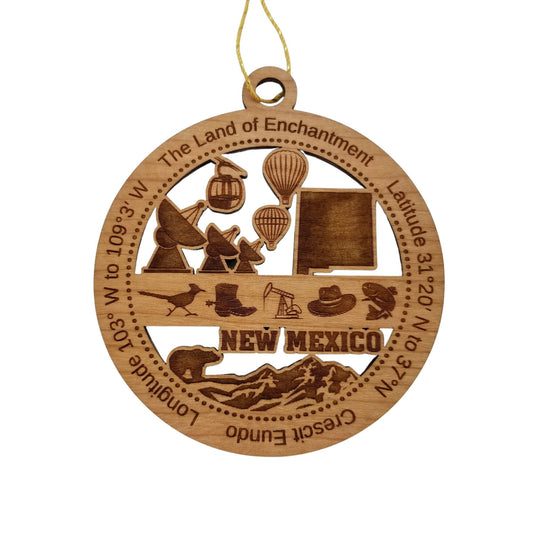 New Mexico Wood Ornament -  NM Souvenir - Handmade in USA State Shape Hot Air Balloons Sky Tram Satellites Roadrunner - 15595
