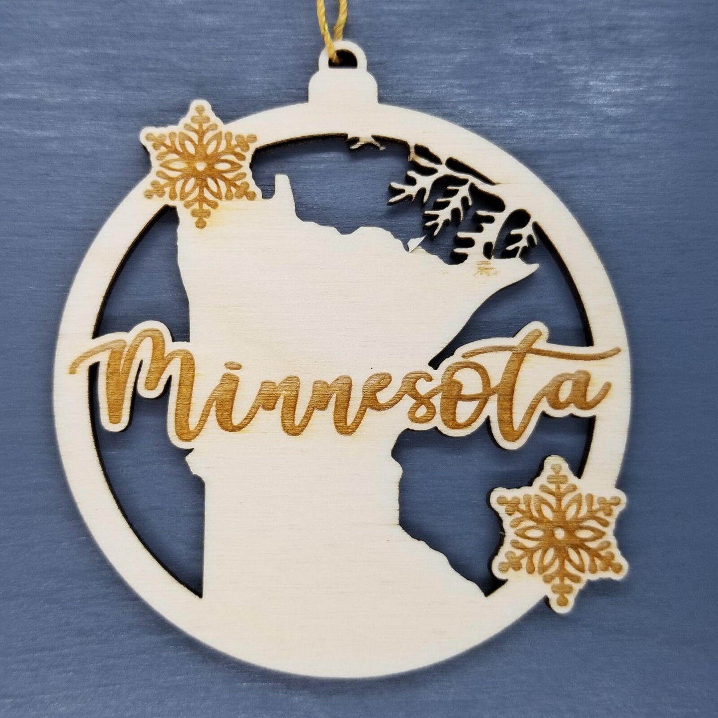 Minnesota Wood Ornament -  MN State Shape with Snowflakes Cutout - Handmade in USA - 15398